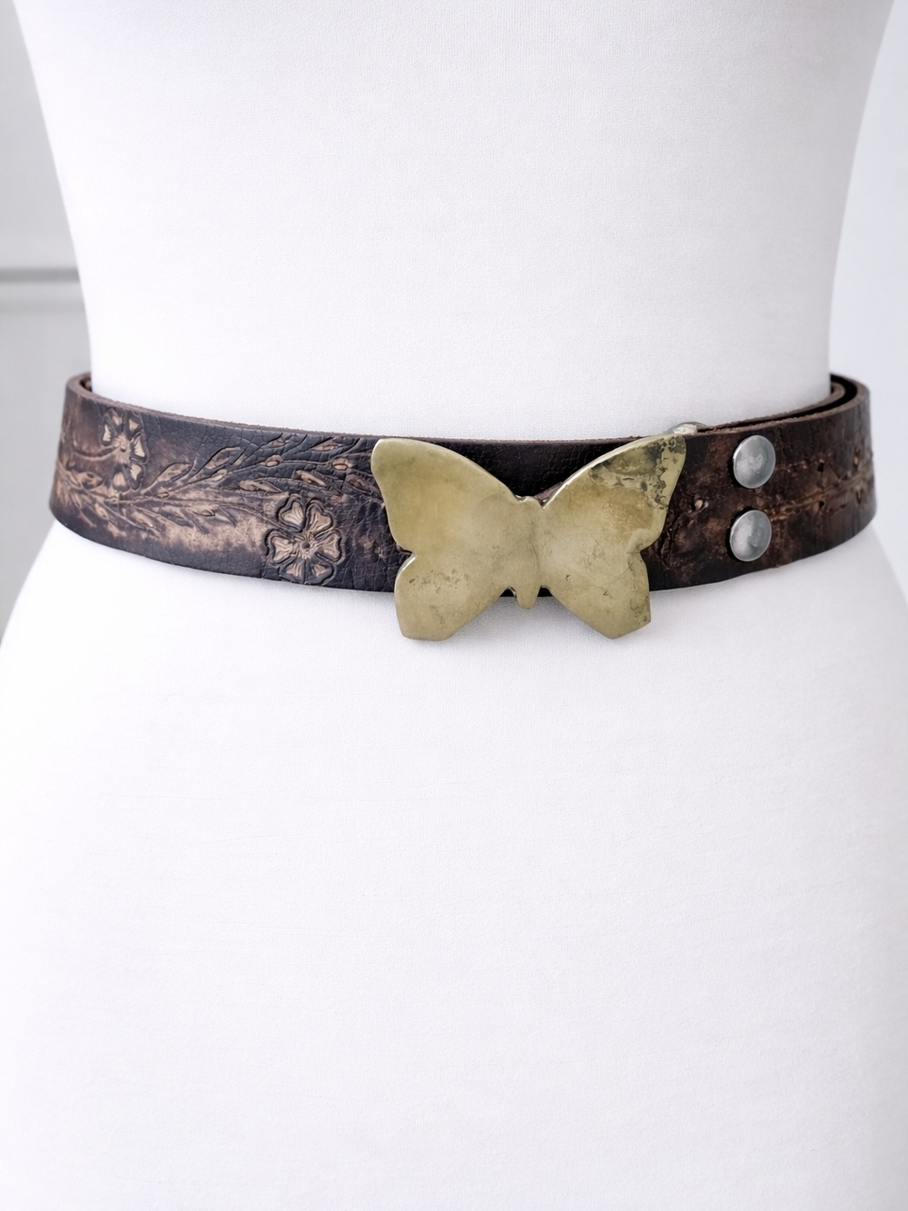 Vintage 1970s Leather Belt 34” Floral Tooled Butterfly Buckle Boho Retro